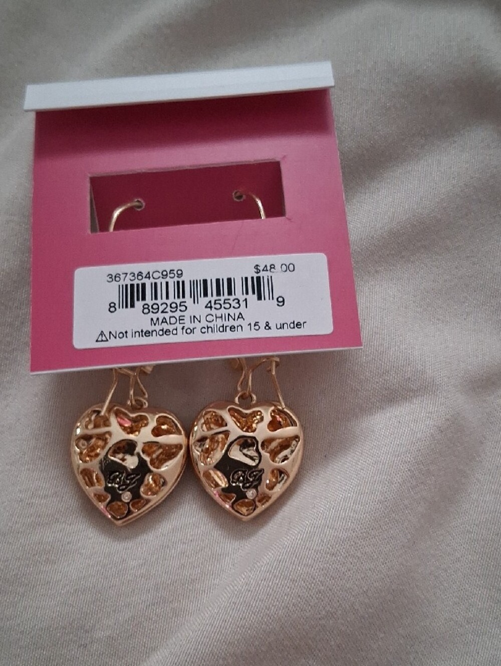 Betsey Johnson Gold Heart Dangle Earrings with Black and Amber Accents - Picture 3 of 3